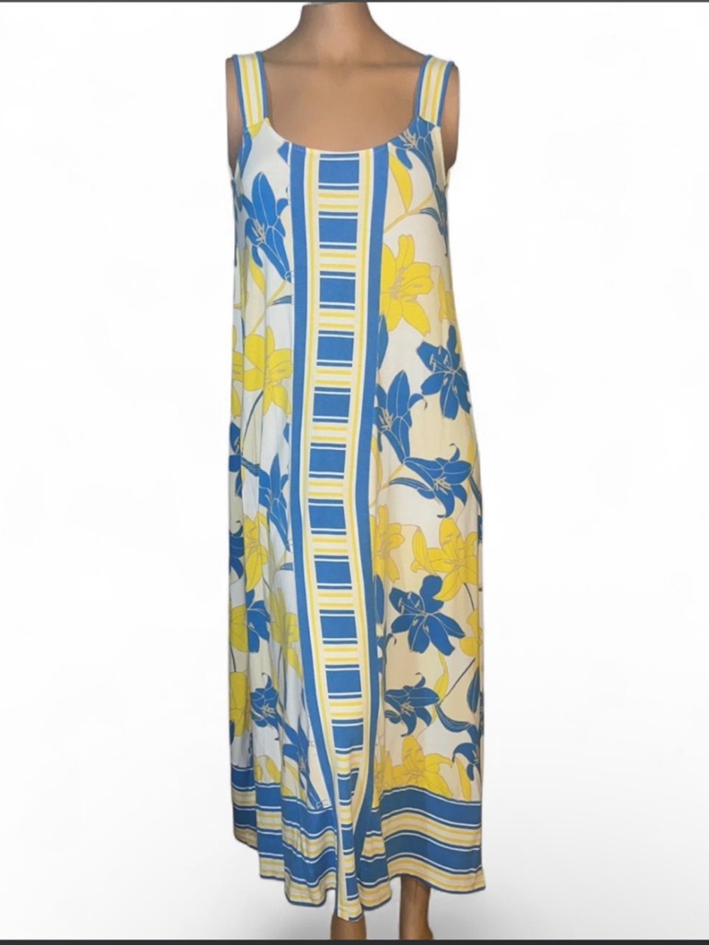 C. Wonder Sleeveless Maxi Dress in Blue, Yellow and White